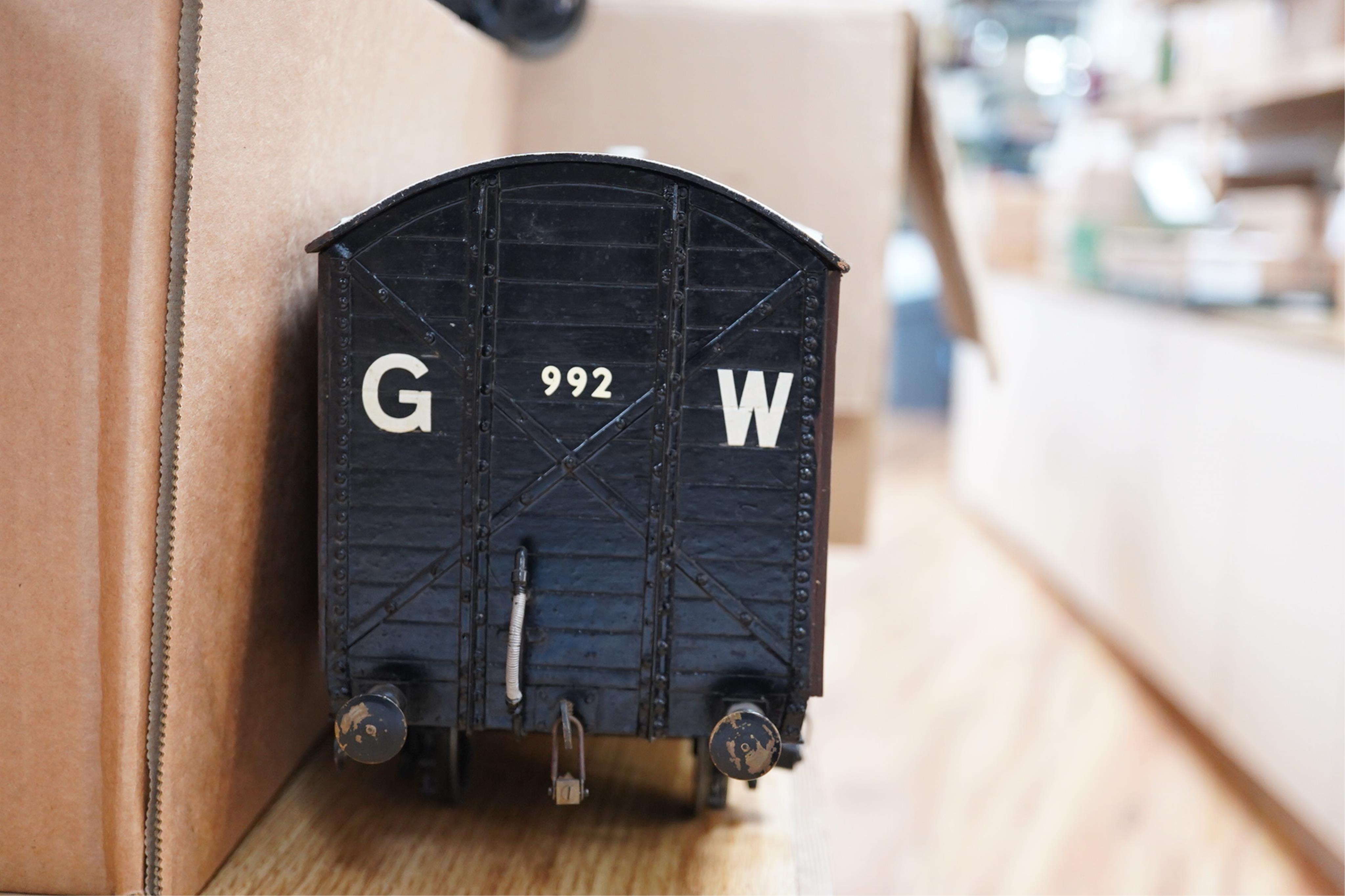 Two Gauge 3 model railway scratch-built GWR freight vans in resin, wood and steel, etc. construction, a siphon J bogie van and a 4-wheel cattle van